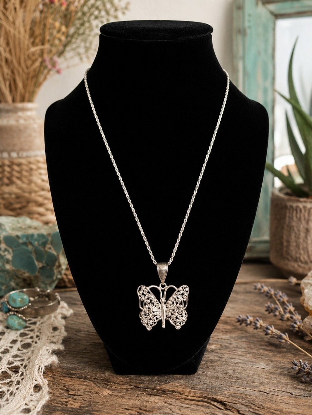 Vintage 925 Sterling Silver Filigree Butterfly Necklace – Italy